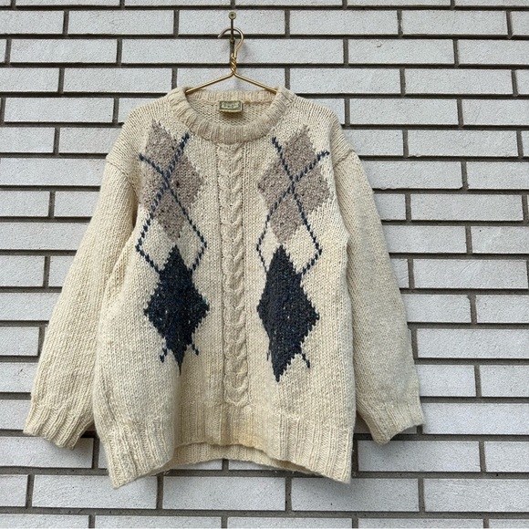 Vintage Gaeltarra Handknit Irish Wool Argyle Sweater Cream Gray Fishermancore - Picture 1 of 9